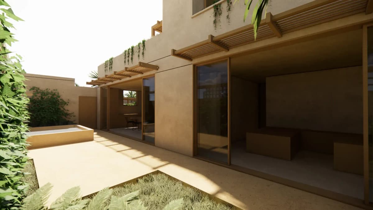 Patio renderizado con jacuzzi pequeno, puertas corredizas de vidrio y plantas trepadoras en la fachada superior
