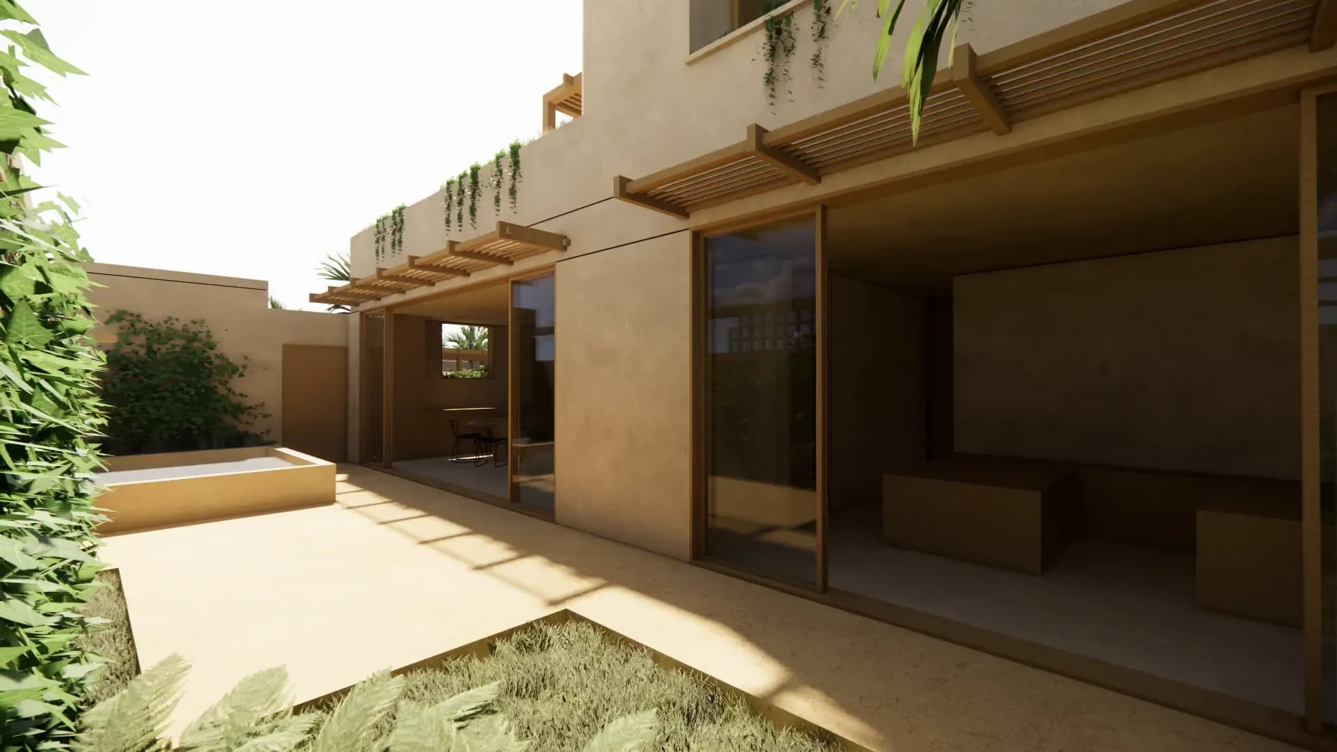 Patio renderizado con jacuzzi pequeno, puertas corredizas de vidrio y plantas trepadoras en la fachada superior