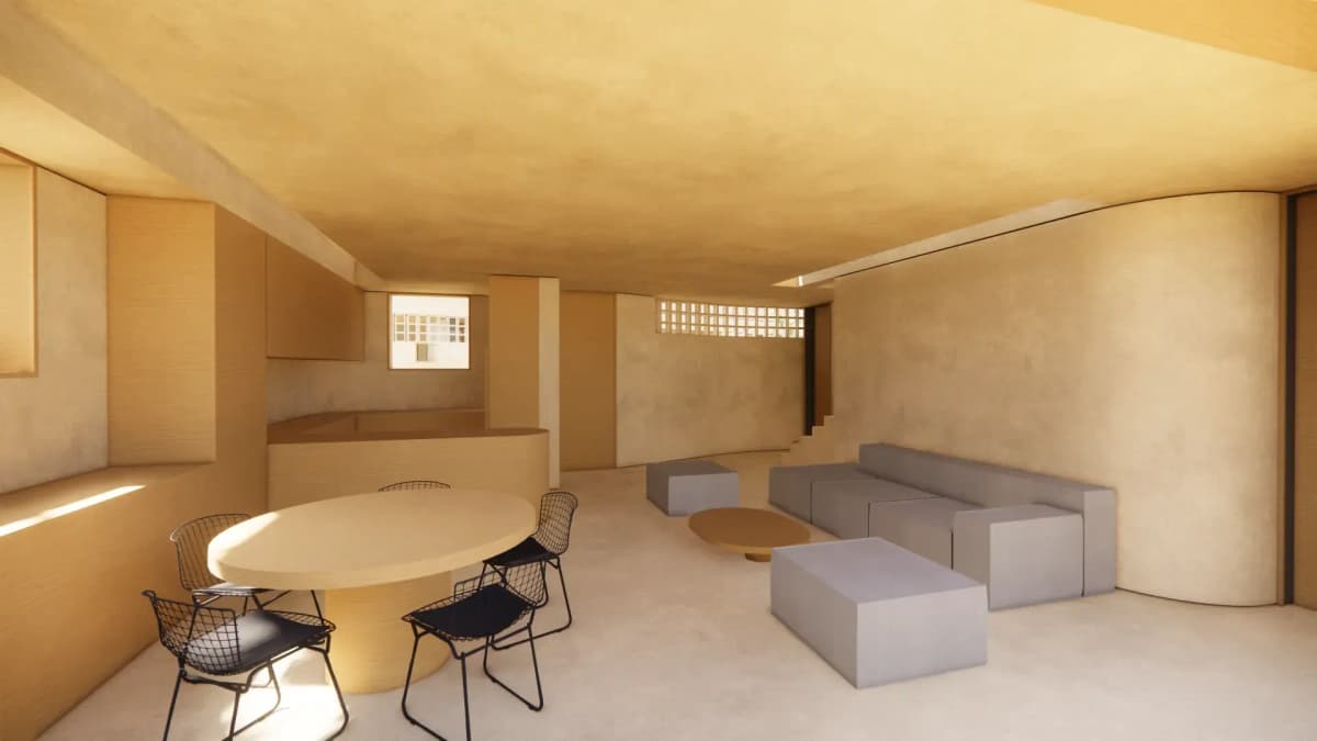 Sala abierta renderizada con mesa de comedor redonda, sofa modular gris y paredes en tonos tierra calidos