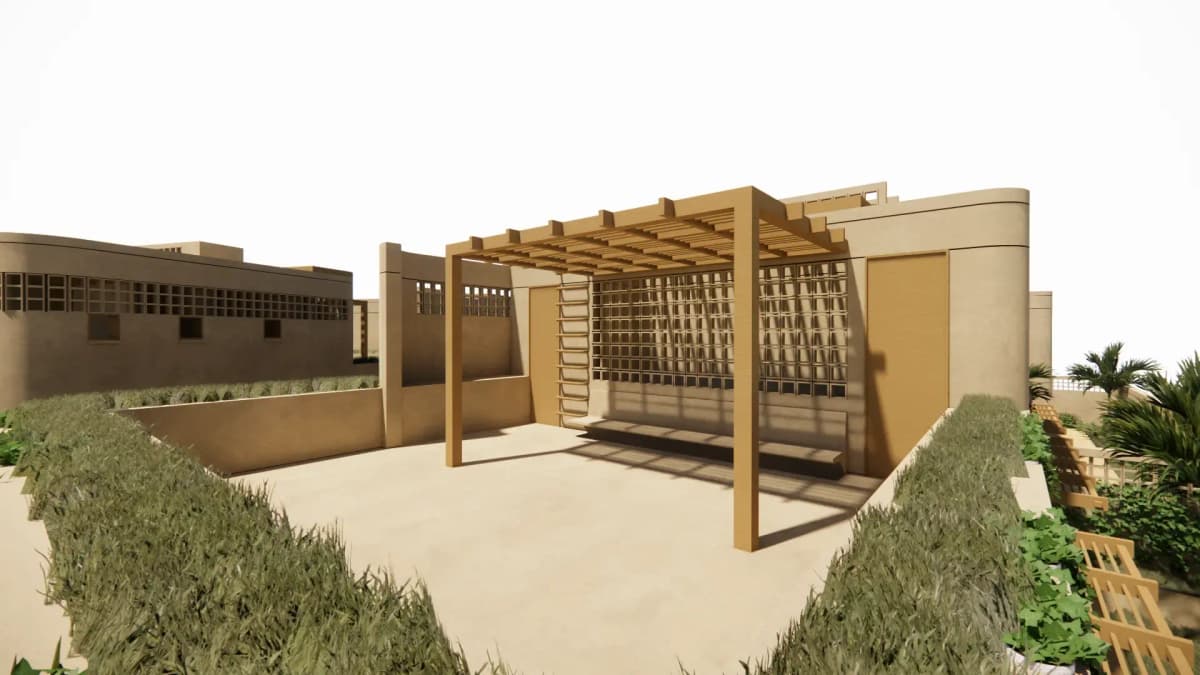 Terraza renderizada en azotea con pergola de madera, pantalla de calados y jardineras