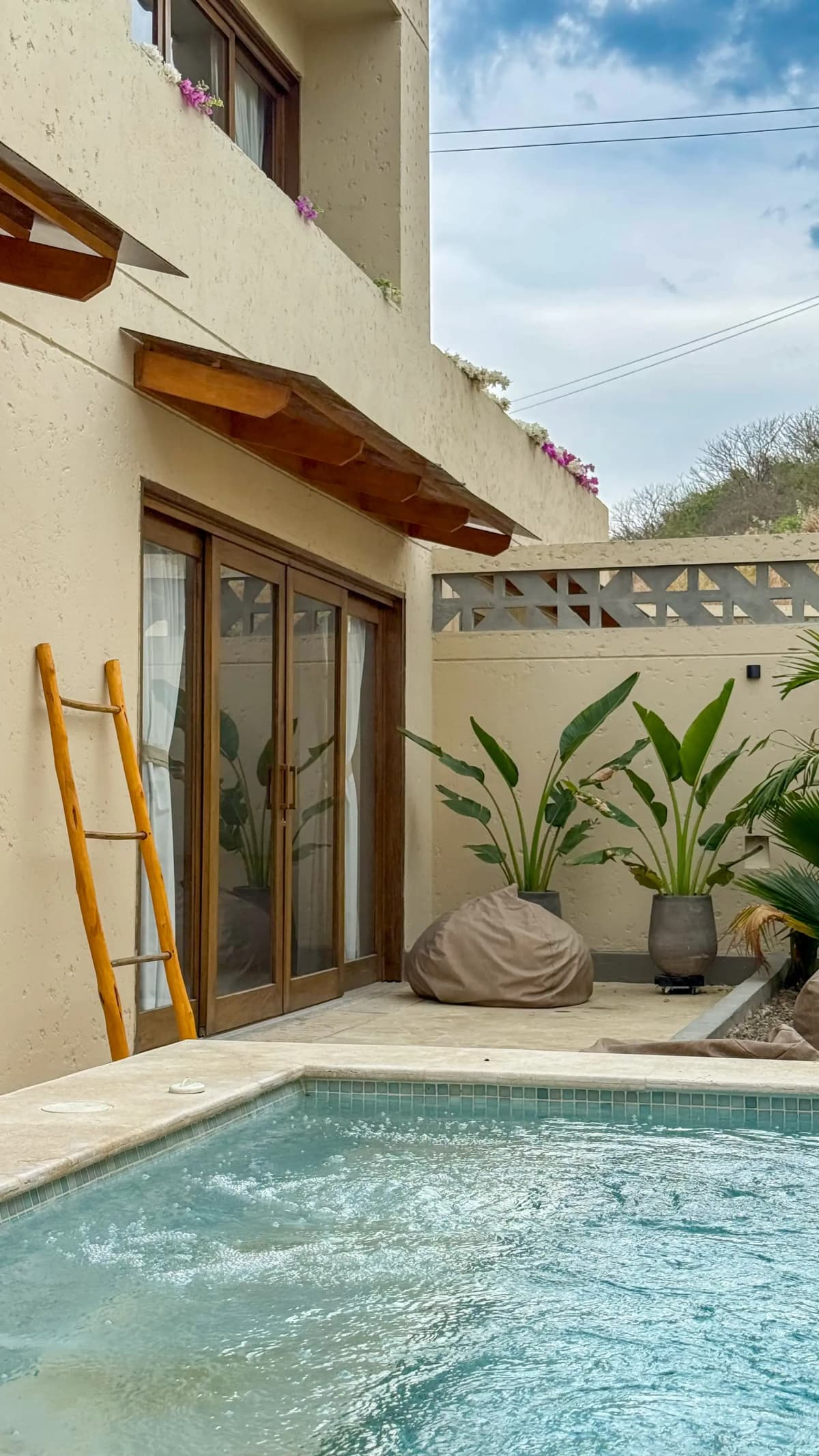 Area de piscina en patio con plantas tropicales y muros color arena