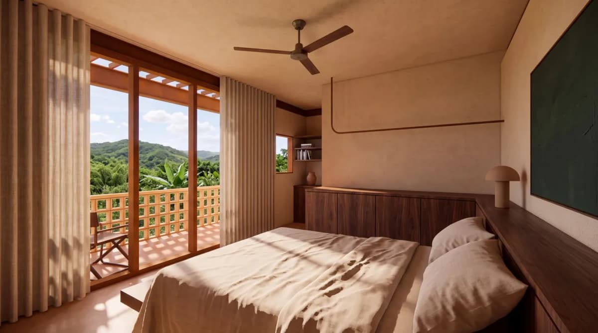 Habitación en cal con credenza en nogal, ventilador de techo y puertas corredizas hacia un balcón en celosía
