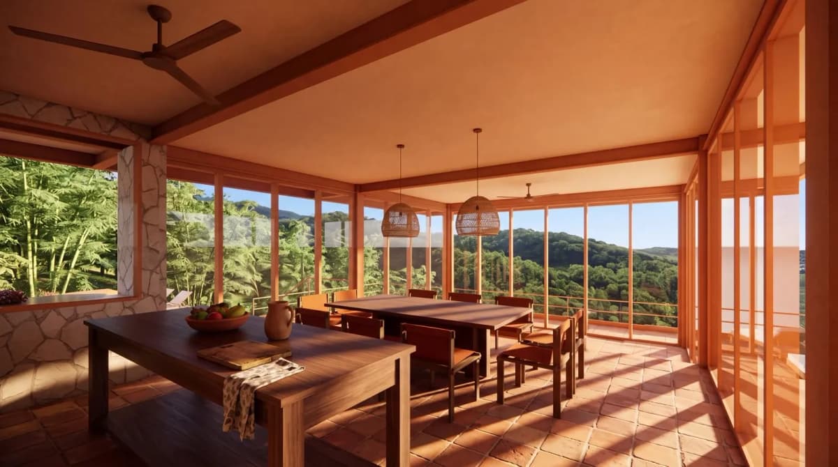 Comedor con mesa larga en madera, lámparas tejidas, pisos en barro cocido y vidrio en tres costados