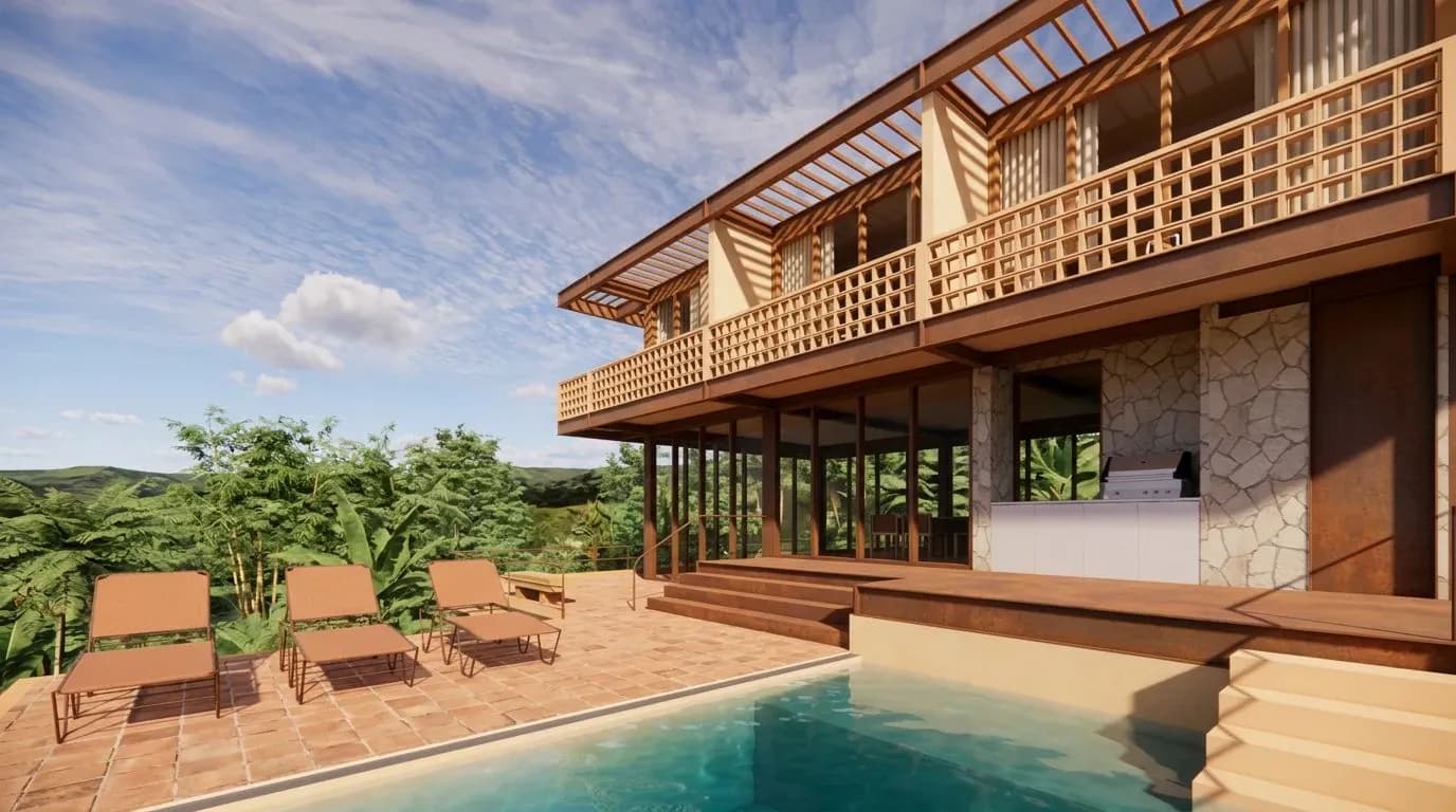 Piscina y terraza en baldosa con asoleadoras y zona de parrilla, bajo la villa con base en piedra