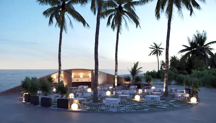 Restaurante renderizado frente al mar con palmeras, mesas al aire libre y esferas luminosas al atardecer